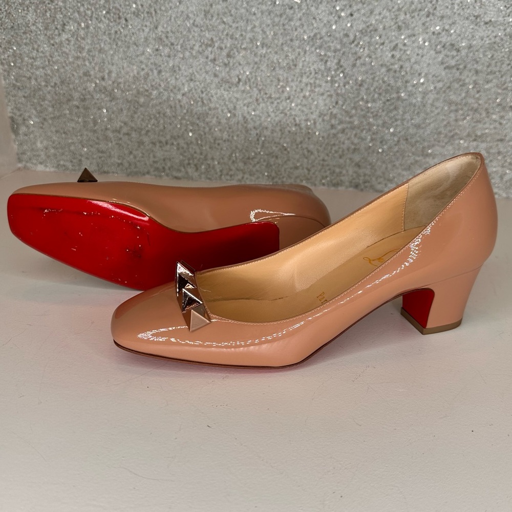 Christian Louboutin Pyramidame Block-Heel Red Sole Pump, Nude/Rose Gold Size 37
